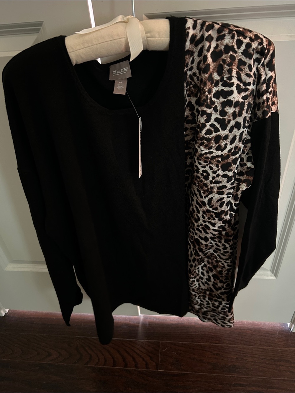 Chico's Black Sweater with Leopard Print Accent